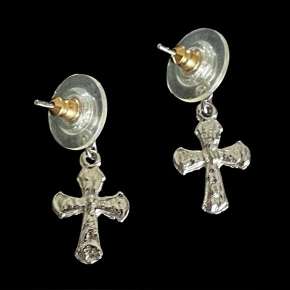 Vintage Silver Tone Cross Post Earrings With Clear Rhinestones - Picture 3 of 4